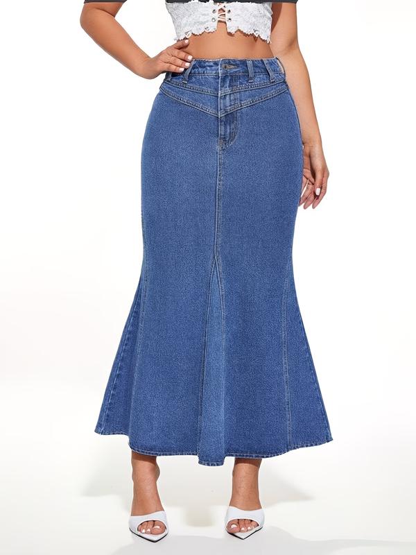 Women's Basic Chic Denim Midi Skirt - Comfortable Fit, Flared Hem, Pockets, Blue Casual Bottom for Everyday Wear