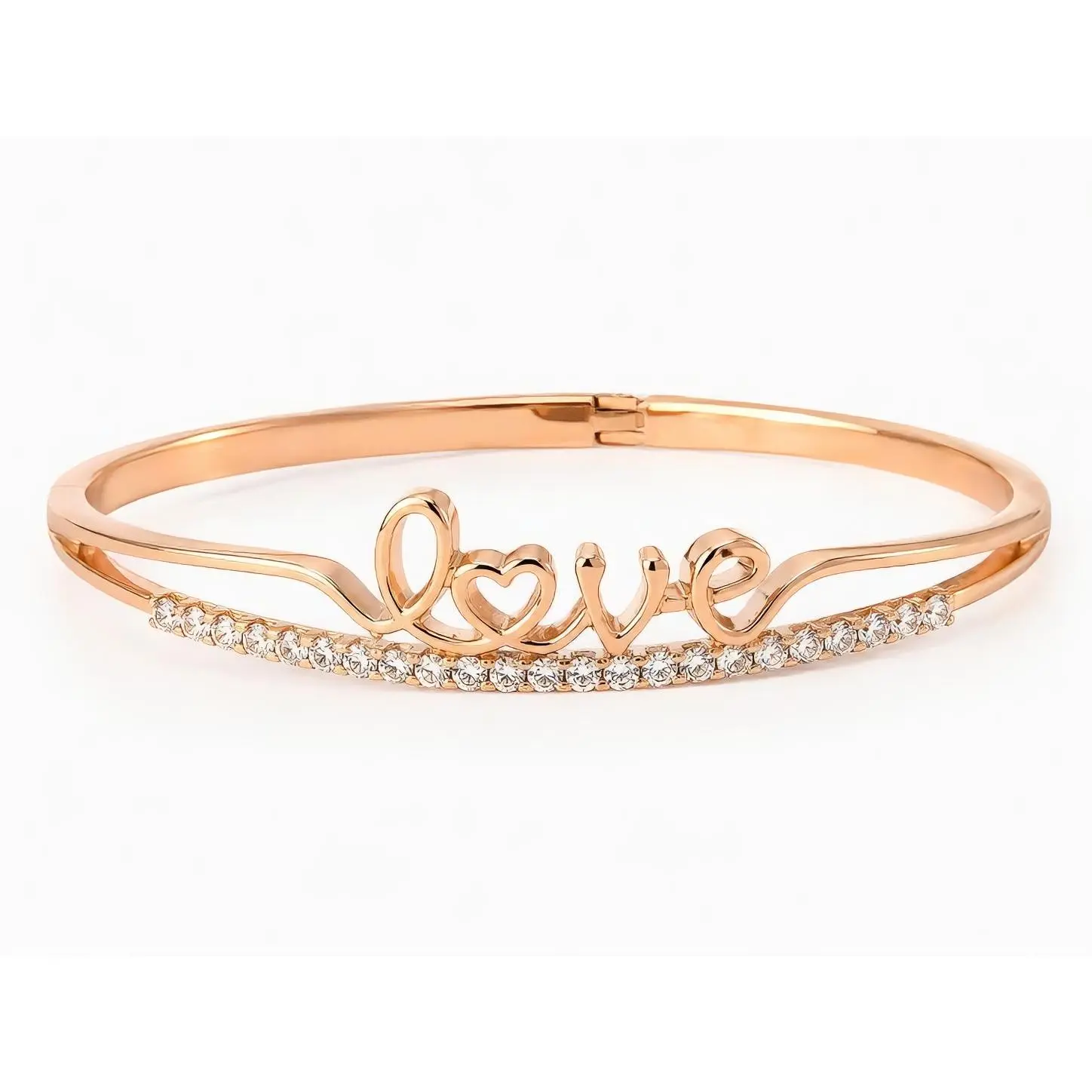 Elegant Rose-Gold "Love" Bangle Bracelet with Heart Detail & Clear Stones for Everyday Wear or Special Gift