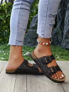 Women's Leopard Print PU Leather Sandals, Summer New Arrival, Buckle Design, Open Toe, Casual Style, Beach Shoes, Comfortable, Lightweight & Stylish