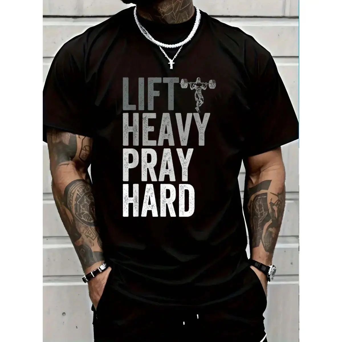 Lift Heavy Pray Hard Gym Jesus Christian Faith Men T-ShirtFashion Printing TshirtFashion Printing Tshirt Men Graphic Tee
