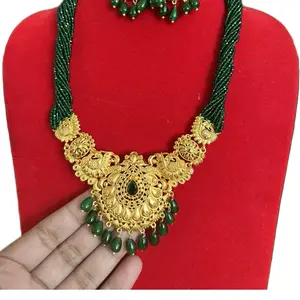 Traditional Potey Nepali Necklace with Matching Earrings - Green Beads and Gold Accents