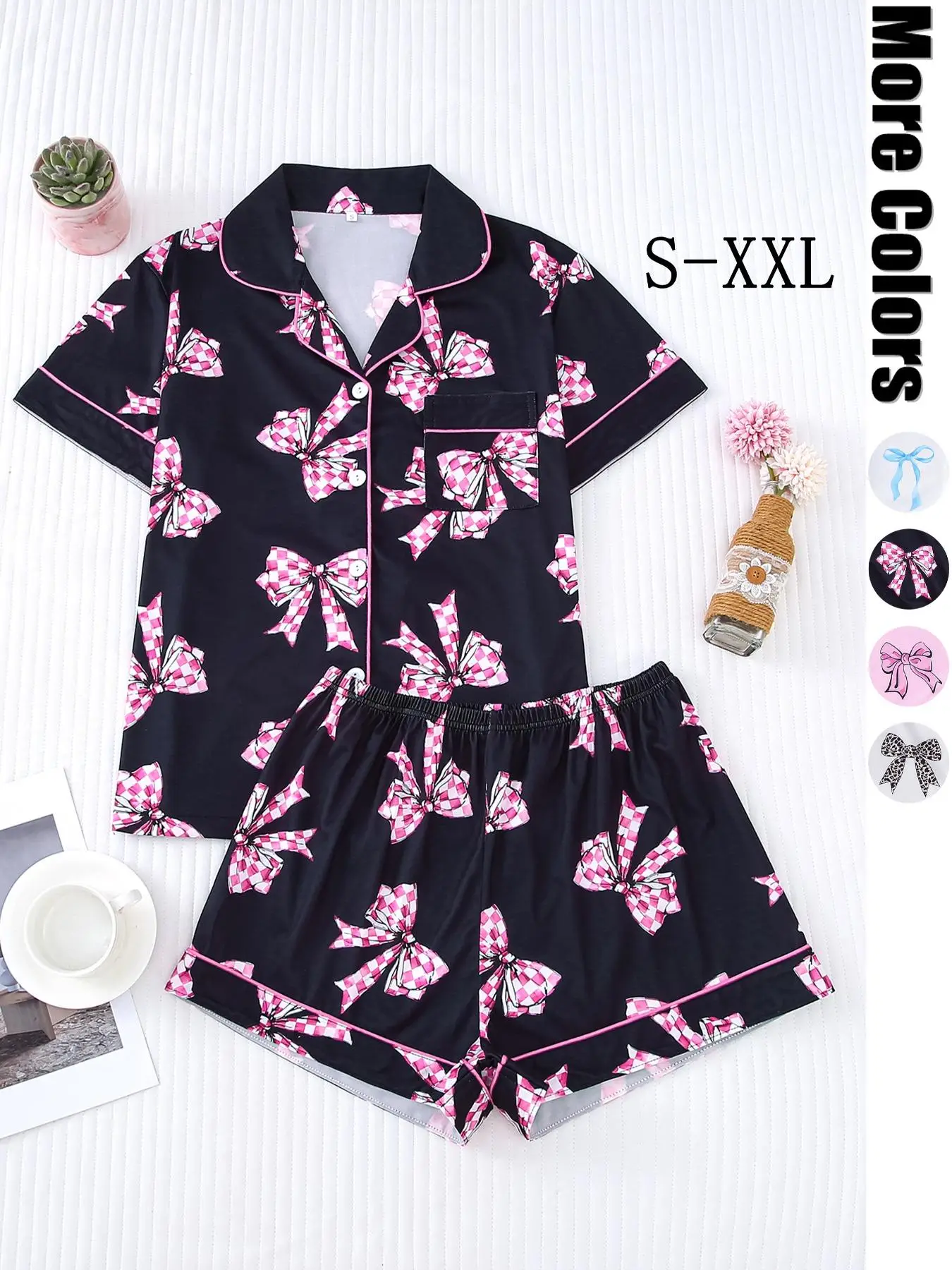 Women's All Over Bow Print Contrast Binding Lapel Shirt & Elastic Waist Shorts Pyjama, Casual Comfy Short Sleeve Pocket Top & Shorts Pj Set, Ladies Sl