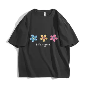 Holafish Women's Acid Washed Round Neck Short-Sleeve Graphic T-Shirt - Daisy Print, Drop Shoulder, Baggy Plus-Size Fit, Comfortable Casual Streetwear Sports Top