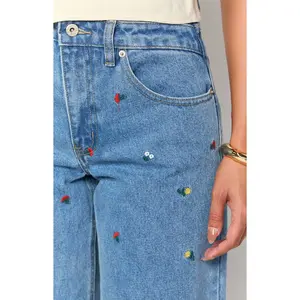 Kansis Blue Embroidered Uneven Waist Jeans