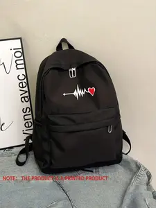 Ecg Line Heart Print Backpack, Romantic and Healing, Nylon Material, Easy to Clean, Suitable for Daily Use, Campus, Travel, Gift