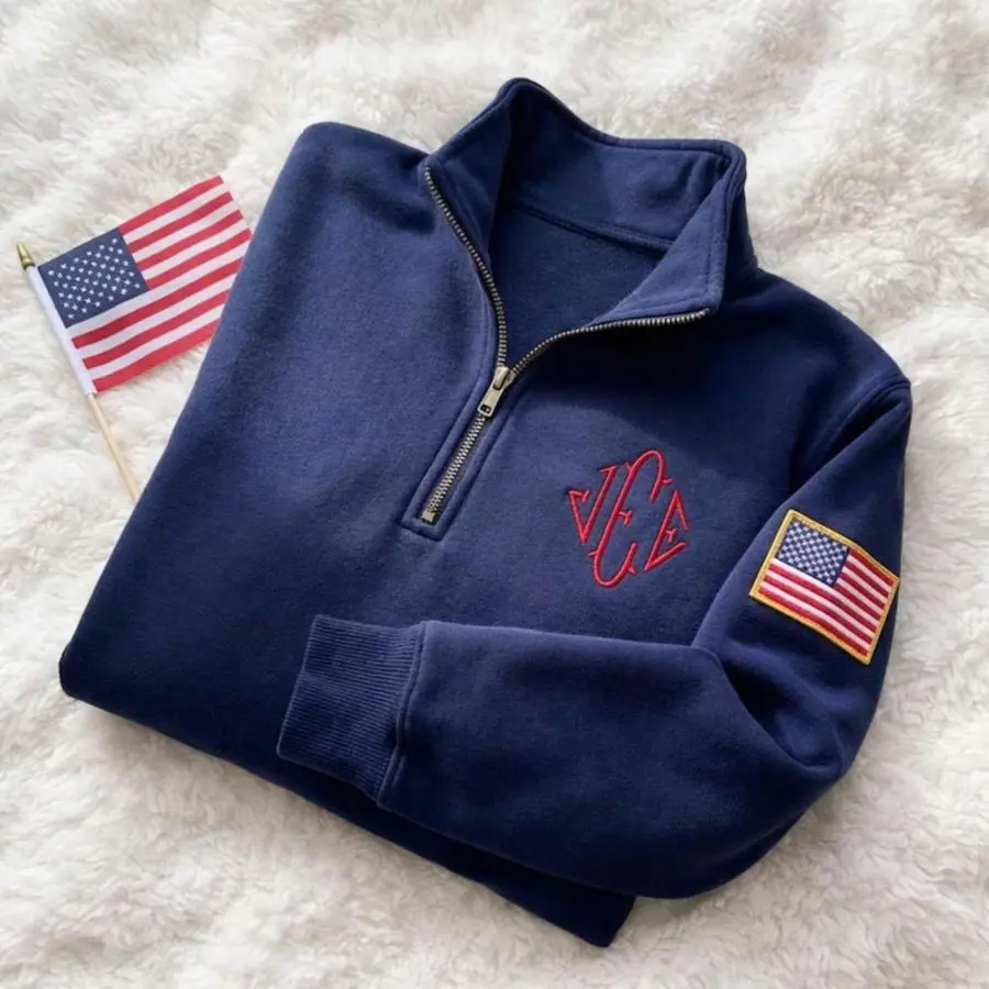 New Men's Quarter Zip Pullover, American Flag Embroidered Sweatshirt, Casual Lightweight Fleece Top, Long Sleeve Stand Collar Jacket for Fall & Winter