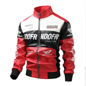 Men's Classic Color-Block PU Leather Racing Coat - Breathable Activewear Tops, Stand Collar, Letter Design, Long Sleeves, for Motorcycle Riding in Spring, Autumn