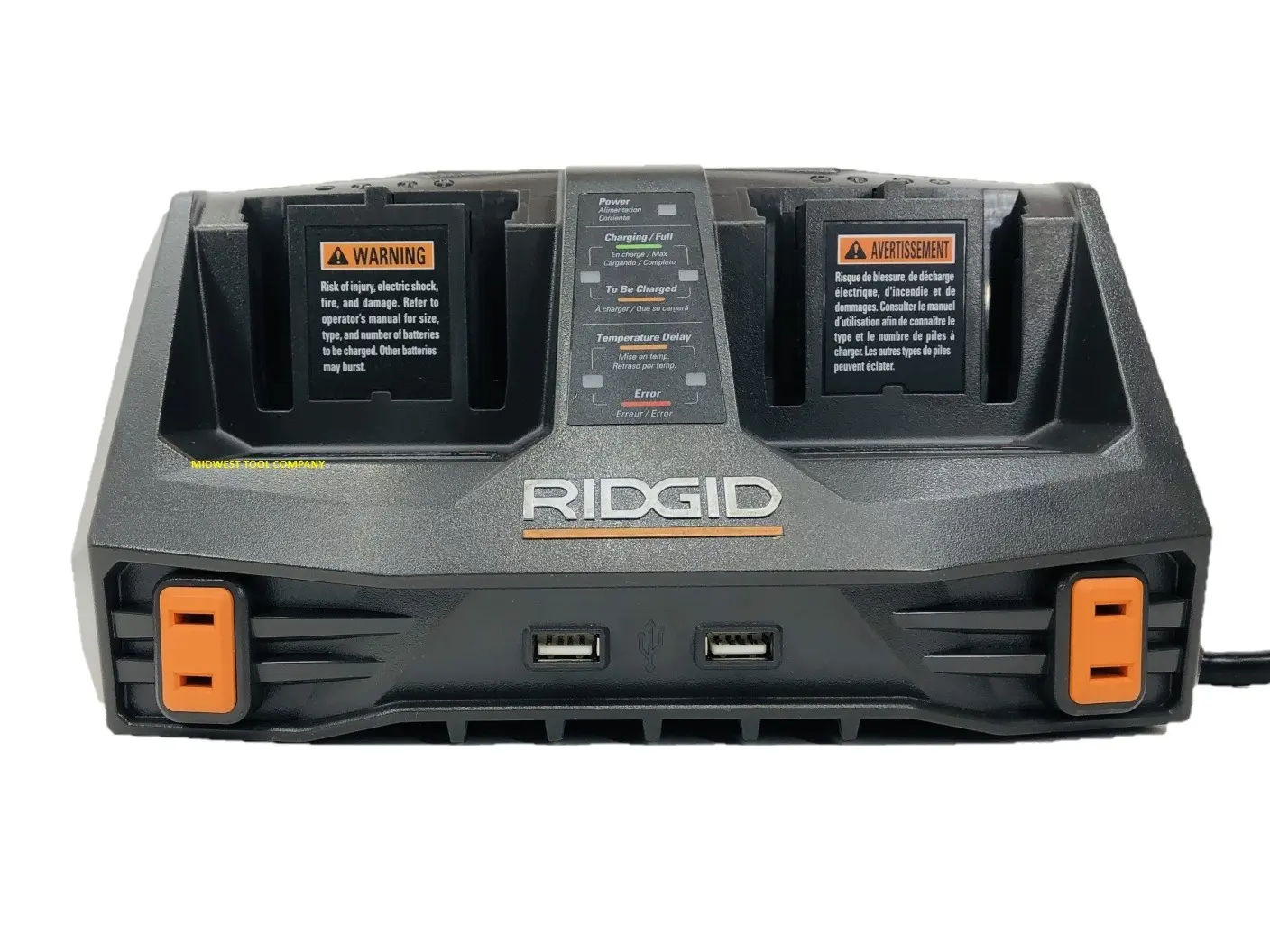 Ridgid AC840094 Dual Port 18V Lithium Ion and NiCad Battery Charger with Pass-Through AC Ports and USB Charging (Batteries Not Included, Charger Only)