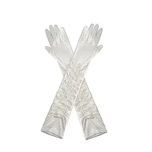 Women's White Satin Ruched Long Gloves - Elegant Formal Opera Fashion Accessories (Fashion Gloves, Women's Clothes Accessories)