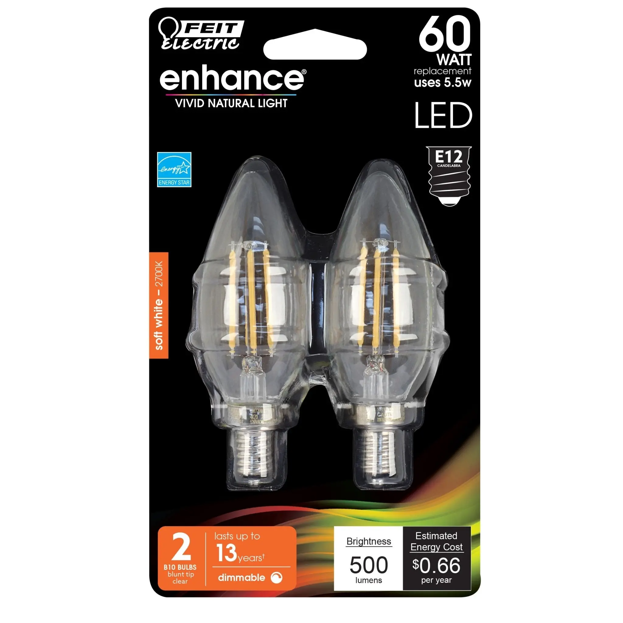Feit Electric 60 Watt Replacement Soft White 2700K Clear B10 Dimmable LED Light Bulb 2 Pack