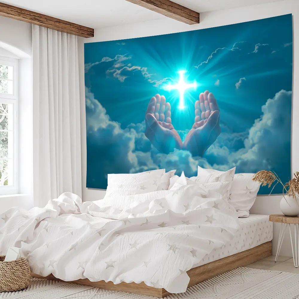One shiny raised-hand praying glowing cross background cloth, suitable for living room, bedroom, office, home decoration, room decoration, party decoration, including installation package Wall Tapestry Home Textile Hanging Decorative