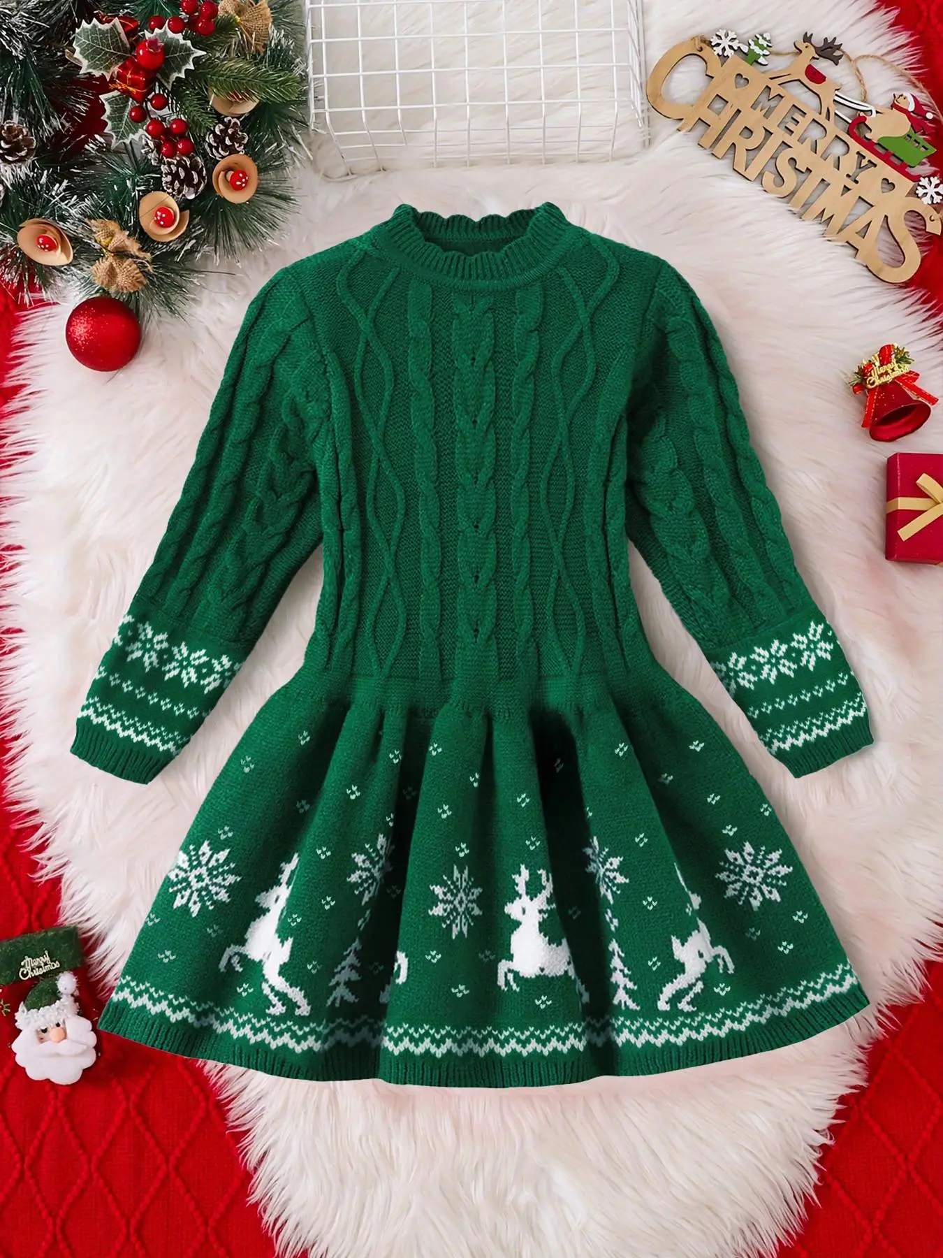Girl's Christmas Print Mock Neck Sweater Dress, Casual Long Sleeve Scallop Trim Knitting Dress for Fall & Winter, Kids Clothes for Daily Wear