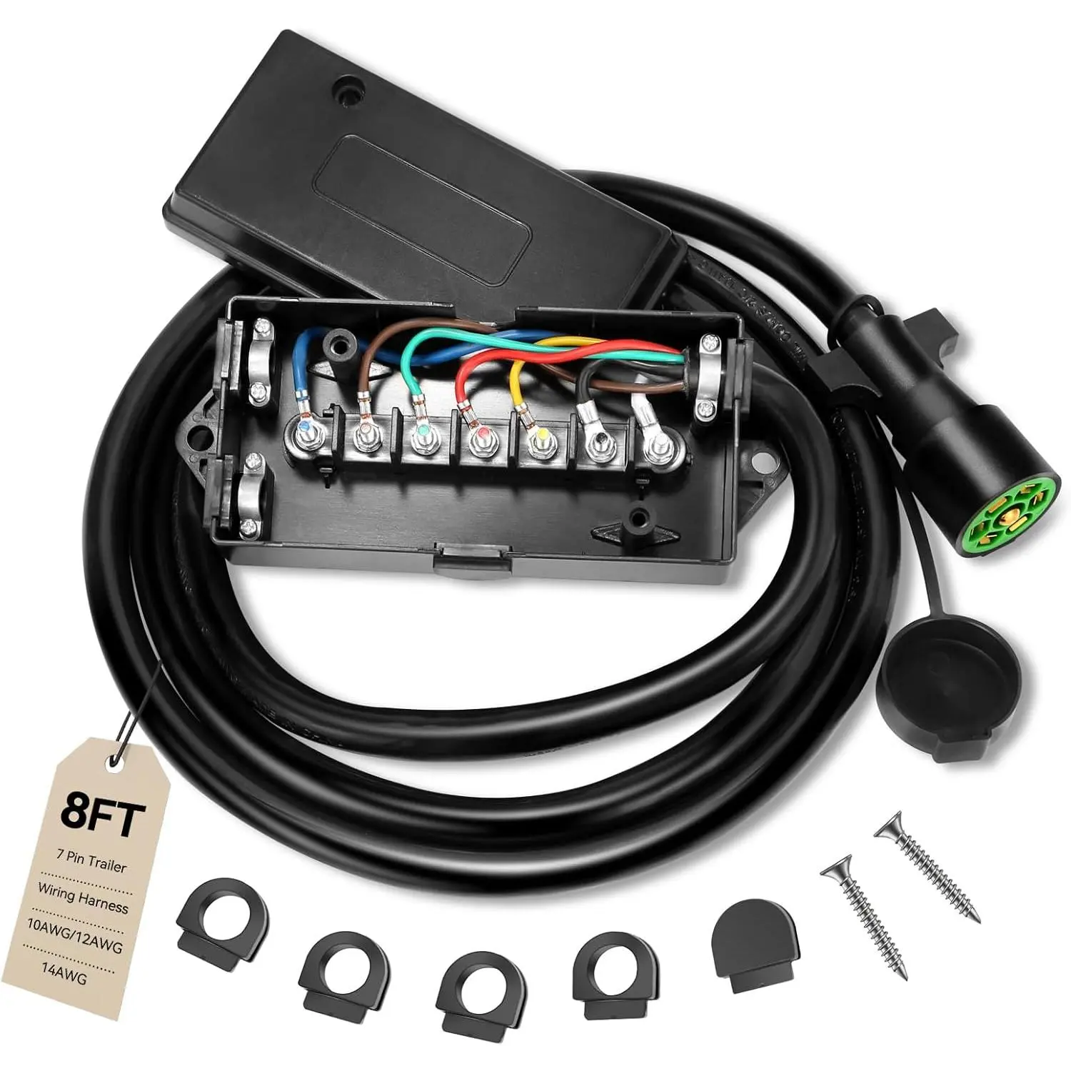8 Ft 7 Pin Trailer Wiring Harness With 7 Gang Junction Box, Heavy Duty 7 Way Trailer Junction Box 7 Pole  for RV , Campers, 7 Pin Trailer Plug With Dust Cover- Pure Copper