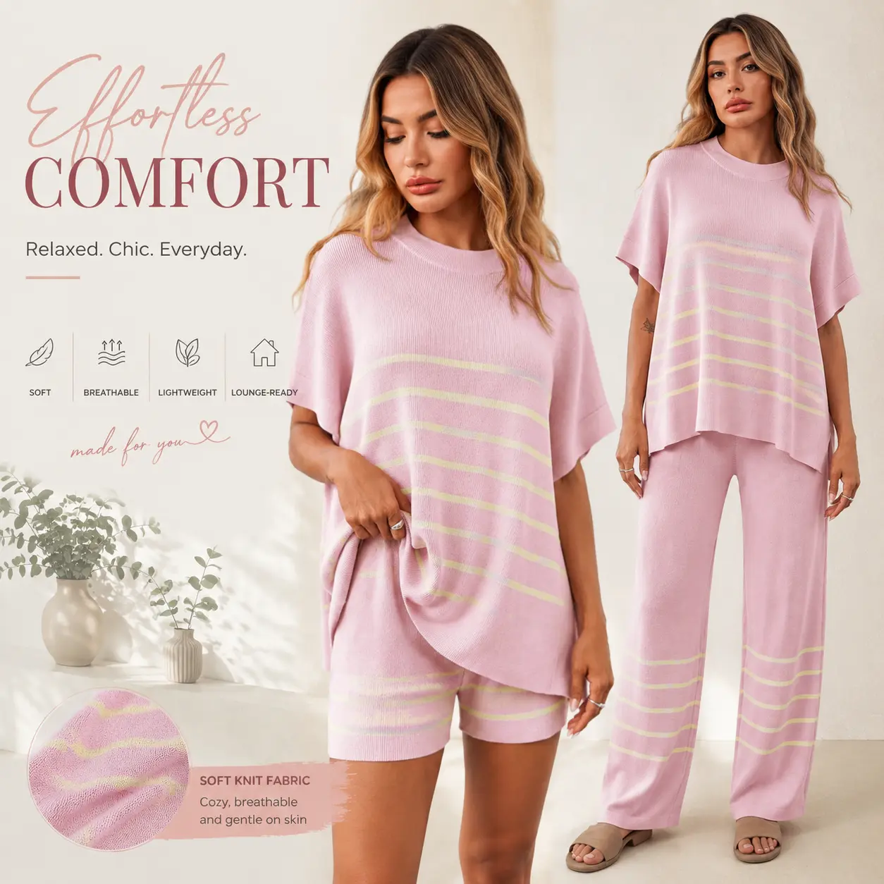 Imily Bela Women's Striped 2 Piece Outfits Oversized Batwing Short Sleeve Tops High Waisted Shorts Summer Knit Lounge Short Sets