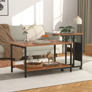 VECELO Nesting Coffee Table and Side Tables Set of 2 Industrial C Shaped End Table with Wheels Set Stackable Coffee Table Heavy Duty Metal Frame for Small Space, Living Room, Bedroom, LaptopTray
