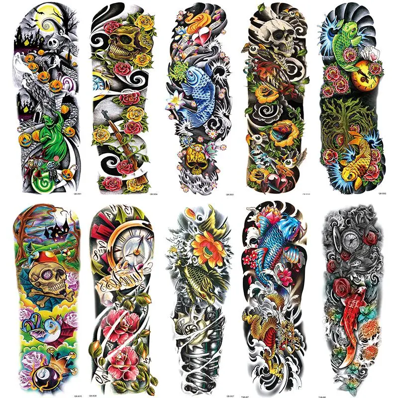 10-Piece Colorful Temporary Tattoo Set, Fake Tattoos, Ephemeral Tattoos, Waterproof Realistic Skull Fish Body Art Stickers for Men & Women, Fun and Stylish Body Decor, Waterproof Realistic Tattoos