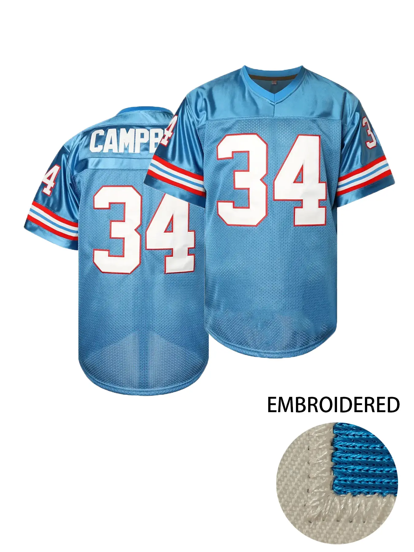 Men's #34 Retro Football Jersey Classic Light Blue Embroidered Short Sleeve V-Neck Sports Shirt Casual Loose Fit Daily Wear Sports Style Jersey