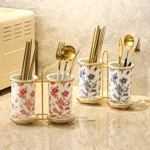 European Style Ceramic Kitchen Storage Rack, Dual-Tube Design with Drain Tray, Tabletop Utensil Organizer for Kitchen & Dining Room