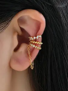 3 Pcs Clip-On Tassel Earrings, Sparkling Zircon C-Shaped Ear Jewelry, No Piercing Party Fashion Accessories, Elegant Alloy Chain