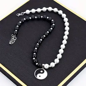 1 Fashionable Natural Obsidian Necklace, Creative Yin And Yang Tai Chi Chinese Style, Suitable For Daily Wear And Gift Giving, Unisex