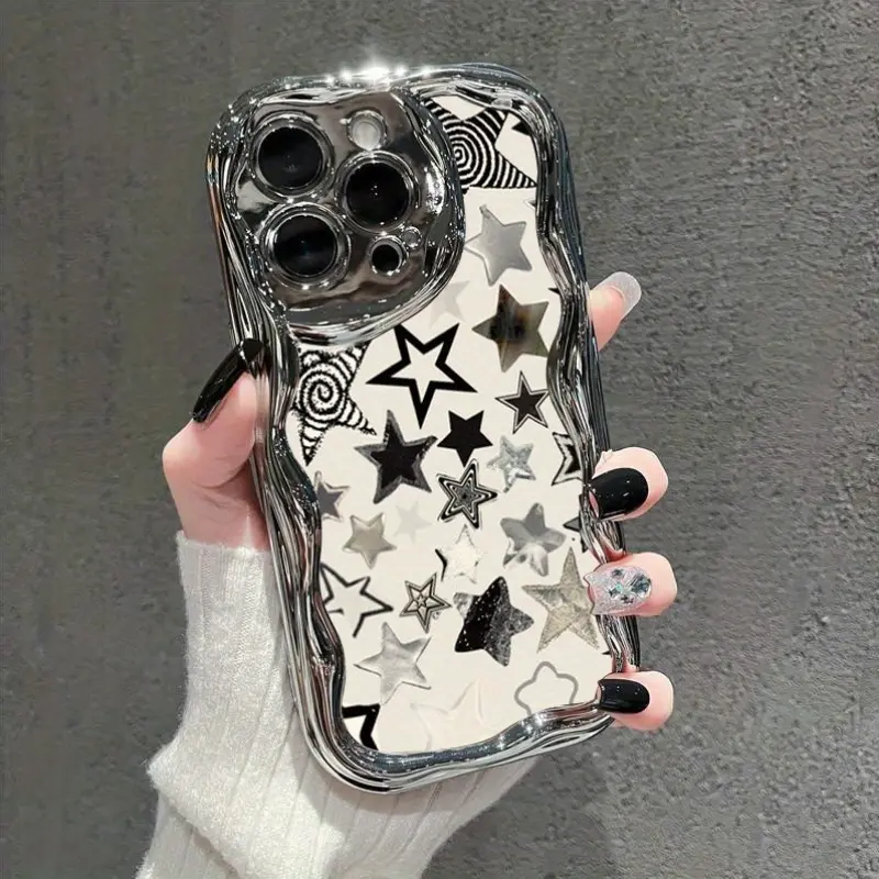 Black and White Star Pattern TPU Smartphone Case for iPhone 12-16 Series - Lightweight, Shockproof, Durable, Fashionable Protective Casing, Mobile Device Accessory