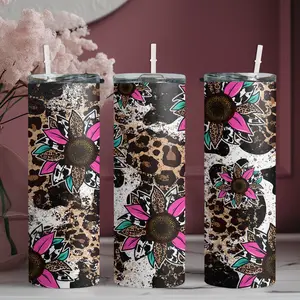20oz stainless steel water bottle with straw, Pink flower pattern on leopard print background skinny tumbler, suitable for fitness, travel, driving, and daily use at home. A great gift for family and friends | 1pc