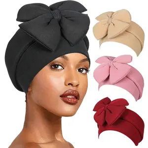 3Pcs/Pack Sponge Bow Turban Headscarf Hat Elastic Women Muslim Hijab Bonnet African Auto Gele Headties Wedding Party Headwear Wrap Cap
