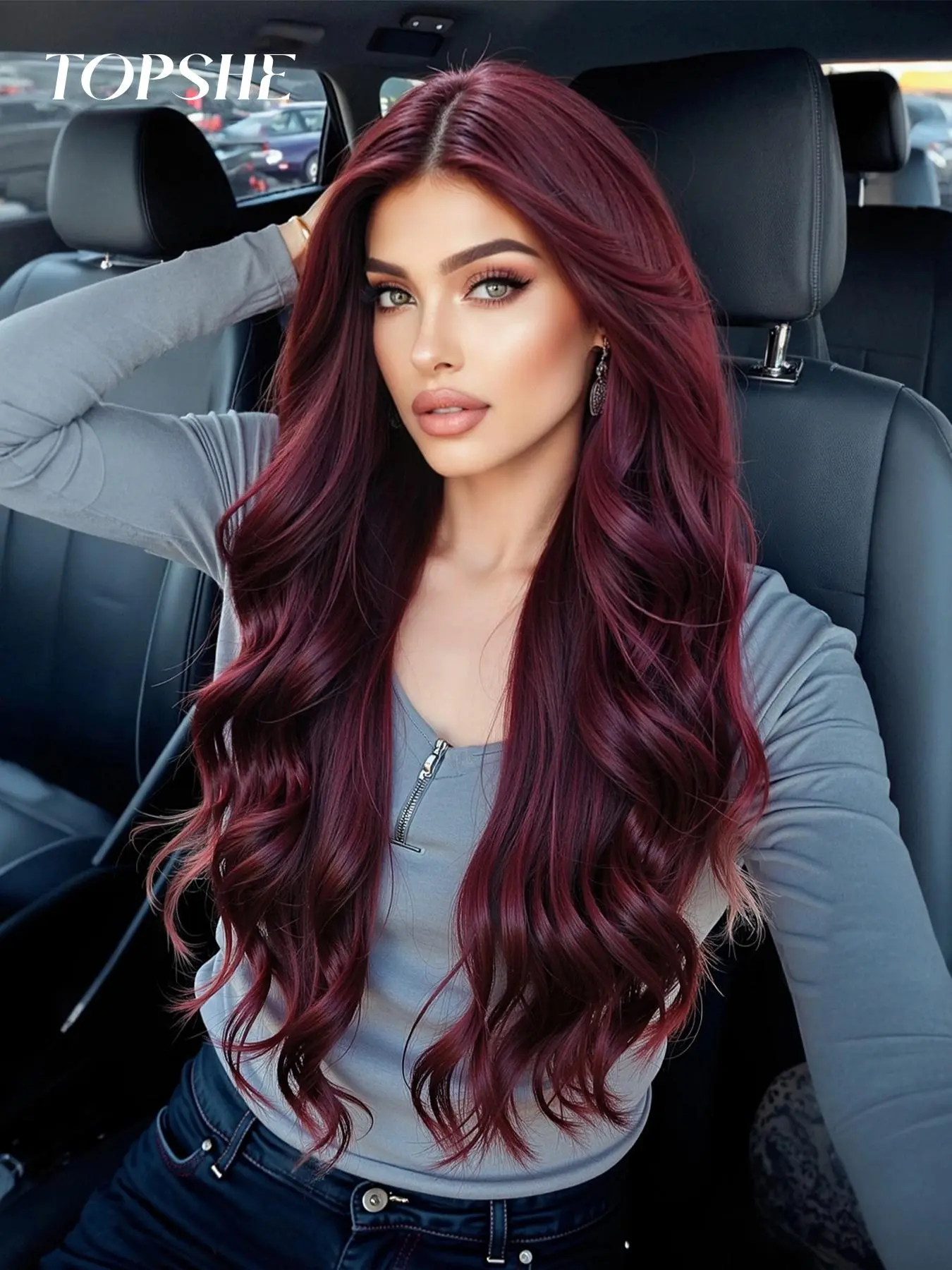 26 Inch Burgundy Long Wavy Wigs for Women, Gorgeous Fluffy Natural Looking Wigs without Bangs, Synthetic Lace Front Wigs for Party, Daily Use, Natural Wave Wig