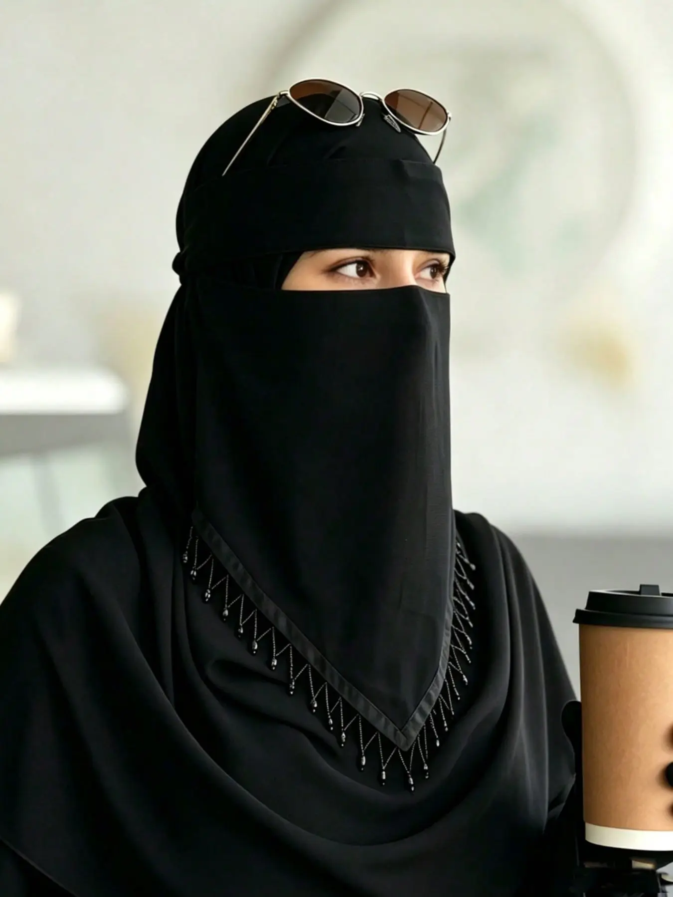 1pc Chiffon Plain Fringe Mask, Breathable Single Layer Veil, Middle Eastern Muslim Niqab, Khimar Head Cover, Daily Wear with Abaya