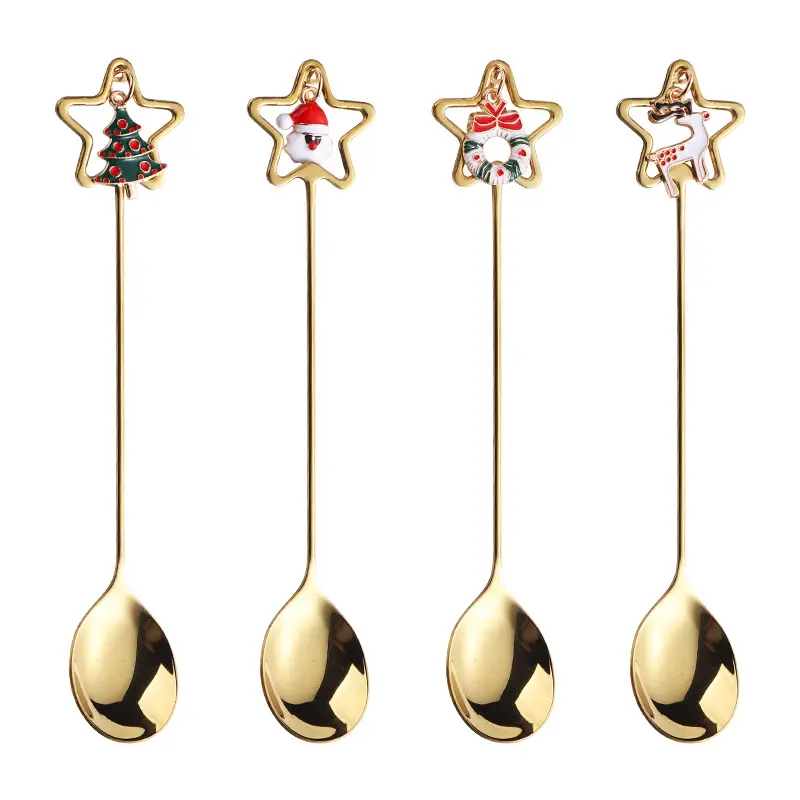 4Pcs Christmas Coffee Spoons Santa Claus Christmas Tree Snowman Elk Stainless Steel Gold Spoons for Coffee Dessert Cake Tea Soup Dinner Tableware Practical Xmas Gift