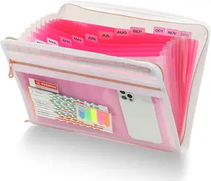 13 Pocket Expanding File Folder Organizer with Front Clear Pounch, Accordion File Organizer with Zipper Clourse, Fit for Letter Size Papers, Pink