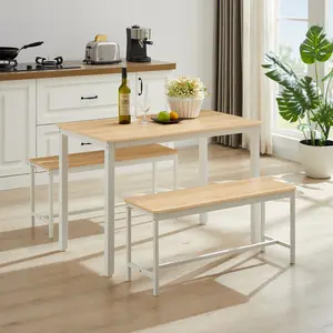 Dining Table Set, Bar Table with 2 Dining Benches, Kitchen Table Counter with Chairs, Industrial for Kitchen Breakfast Table, Living Room, Party Room, Natural and White , 43.3″L X23.6″W X 29.9″H