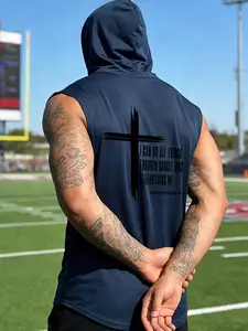 Cross & Religious Slogan Back Print Men's Hooded Sleeveless Vest, Faith Style Daily Wear, Gift for Religious Enthusiasts / Father's Day / Valentine's Day, Suitable for Commute / Church