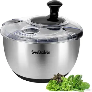 Stainless steel salad spinner 42 qt vegetable washer bpafree lettuce dryer with crank design dishwasher safe nonslip base transparent lid