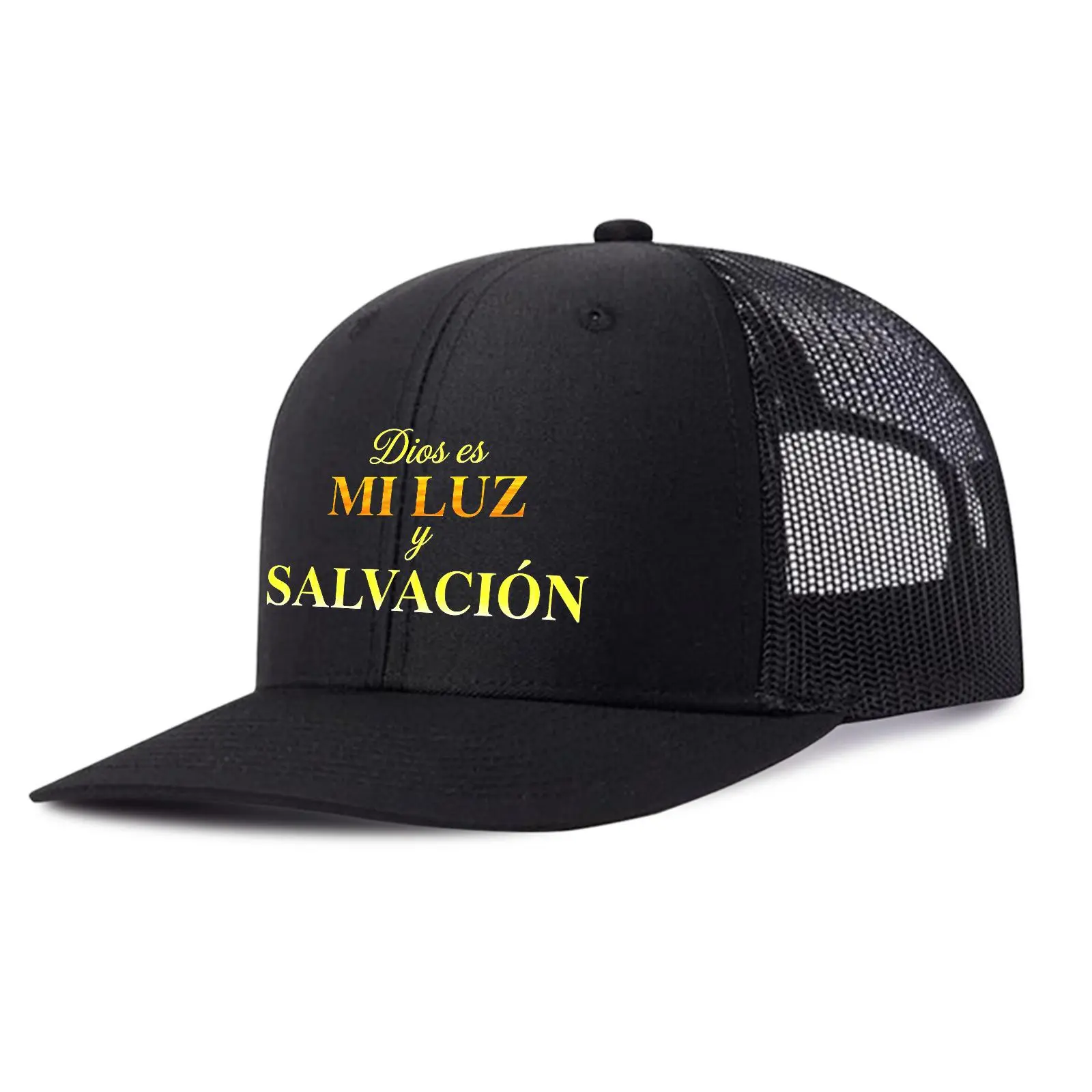 Christian Trucker Hat - "Dios es MI LUZ y SALVACIÓN" Bold Phrase Graphic, Faith-Based Slogan Design, Unisex Aesthetic Adult Fit Mesh Back Snapback Cap, Bold Phrase Graphic Hats, Slogan Design Hats