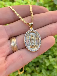 CZ Tri Color Virgen de Guadalupe Necklace for Womens Virgencita Charm Our Lady of Guadalupe Virgin Mary Pendant Chain Gifts for Her Everyday Wear Anniversary Birthday Piece