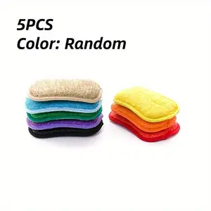 5PCS Super Absorbent Microfiber Double Sided Scrub Sponge for Dishwashing Kitchen Bathroom Clean Cloth Eraser Magic Sponge Kitchen Cleaning Supplies Scrubber Pad