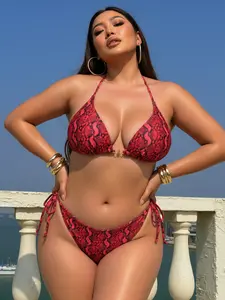 Latest Bright Color Digital Print Plus Size Sexy Bikini Set, 2 Piece, Slim Fit, Animal Print, Wireless, Backless Tie Back, All Seasons, Bikini Swimsuit