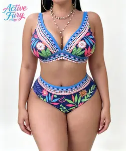 ActiveFury | Plus Size Boho Floral Bikini - Colorful Tropical Print High Waist 2-Piece Swimsuit for Curvy Women women's