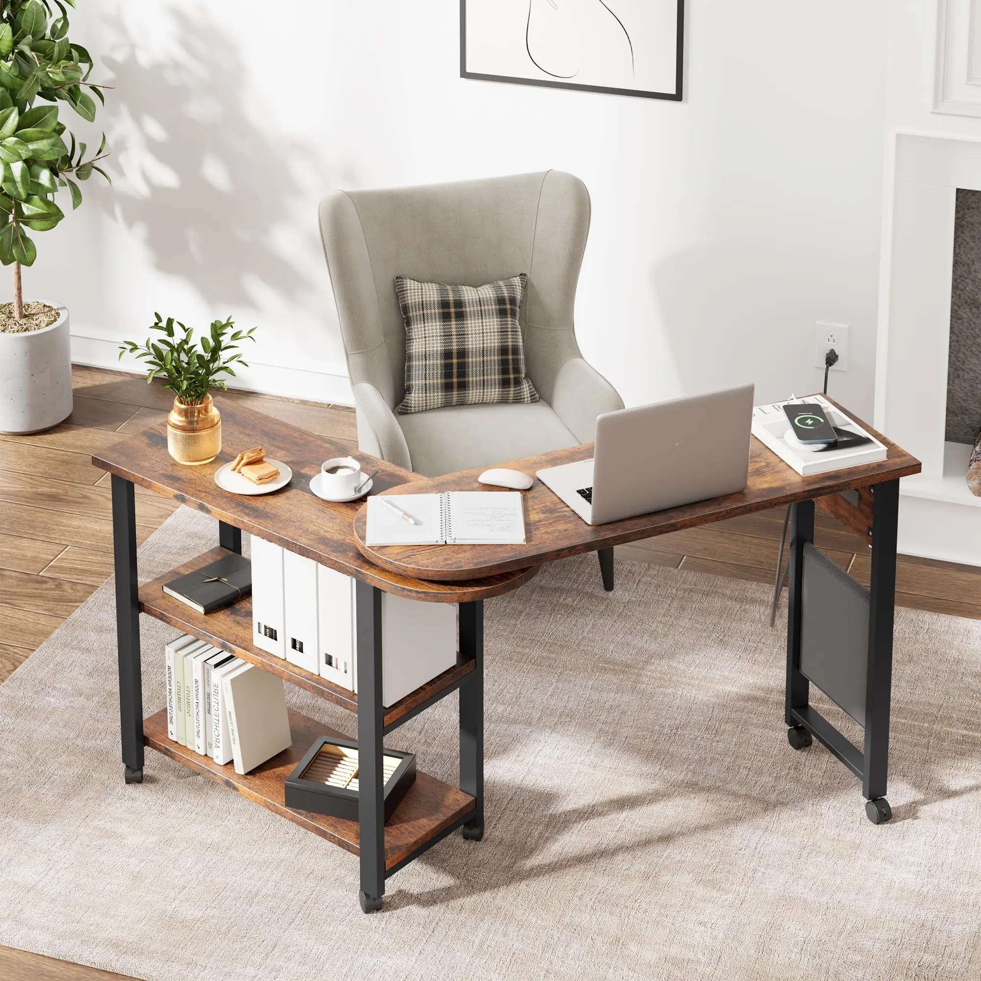 GARVEE Rotating End Table 360° Side Table with Charging Station Swivel Ene Table with Extra Storage Bag Movable End Table with 6 Swivel Wheels with Brakes for Bedroom Living Room