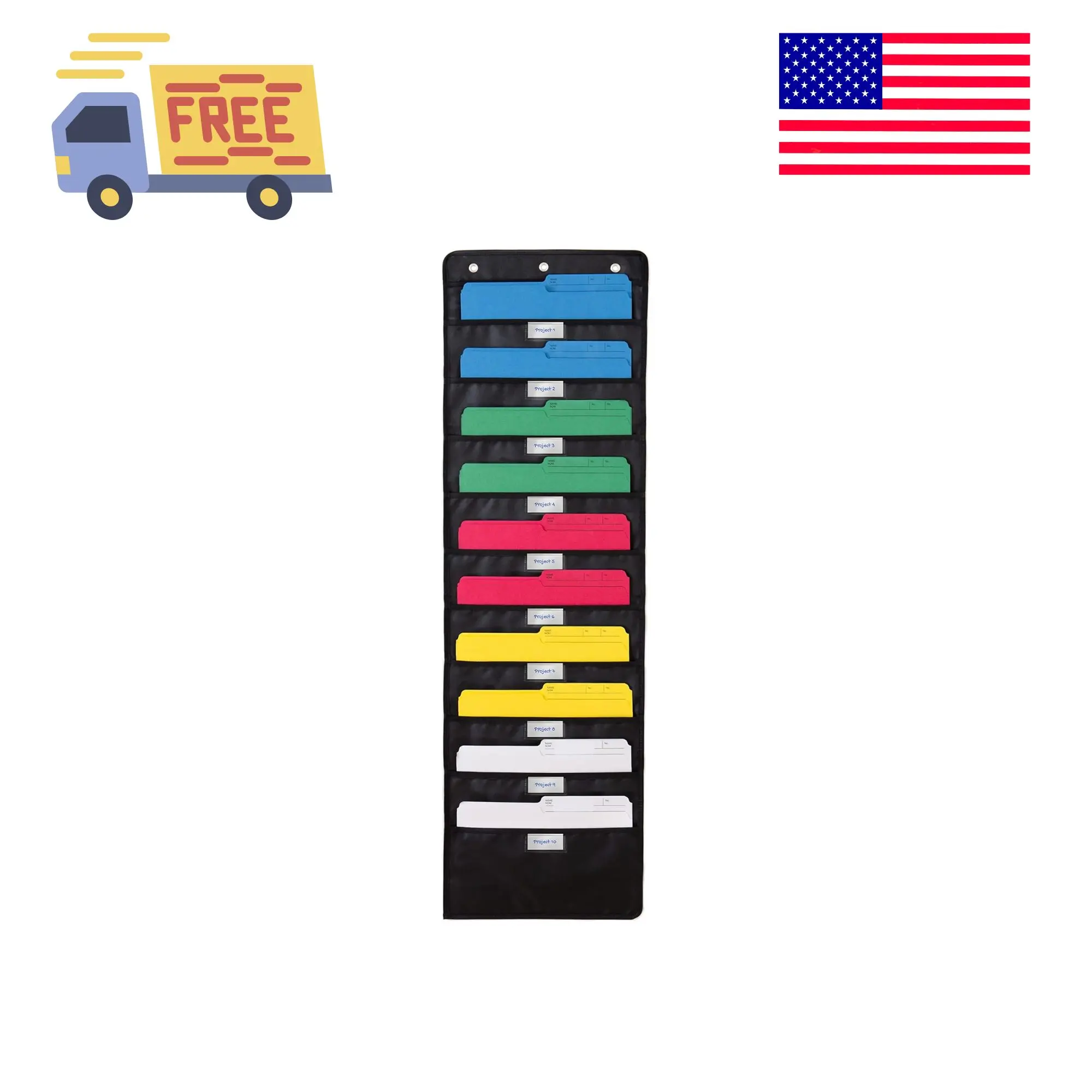 Wall Mount Hanging File Organizer | Letter-Sized, Storage Pocket Chart for Office and School (10 Pockets with Nametag)