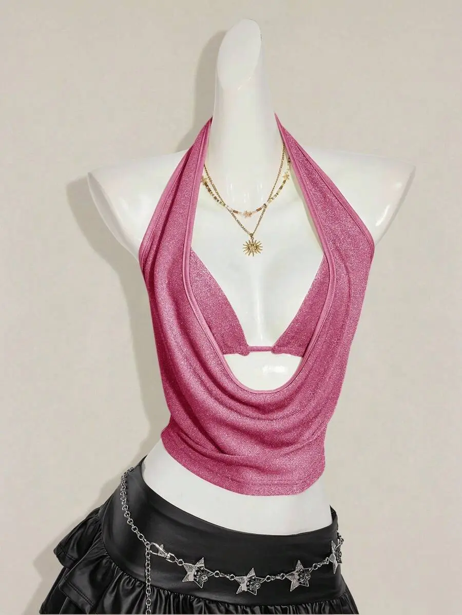 2pcs Summer Going Out Beach Hawaii Party Homecoming Concert Club Glitter Backless Women Tank Tops & Camis Pink Halter Top,Sexy Top
