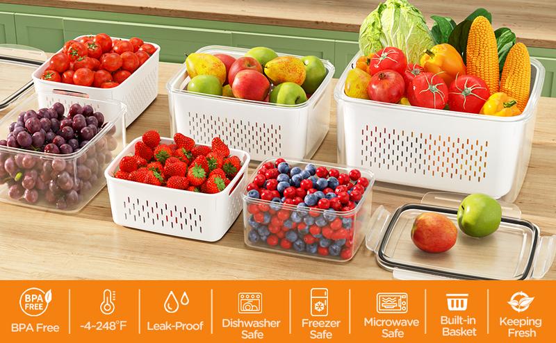 Fruit & Vegetable Storage Box, 6 Counts Double Layer Drainage Box,Kitchen Accessories Storage Organizer, Household Essentials,Containers Utensils