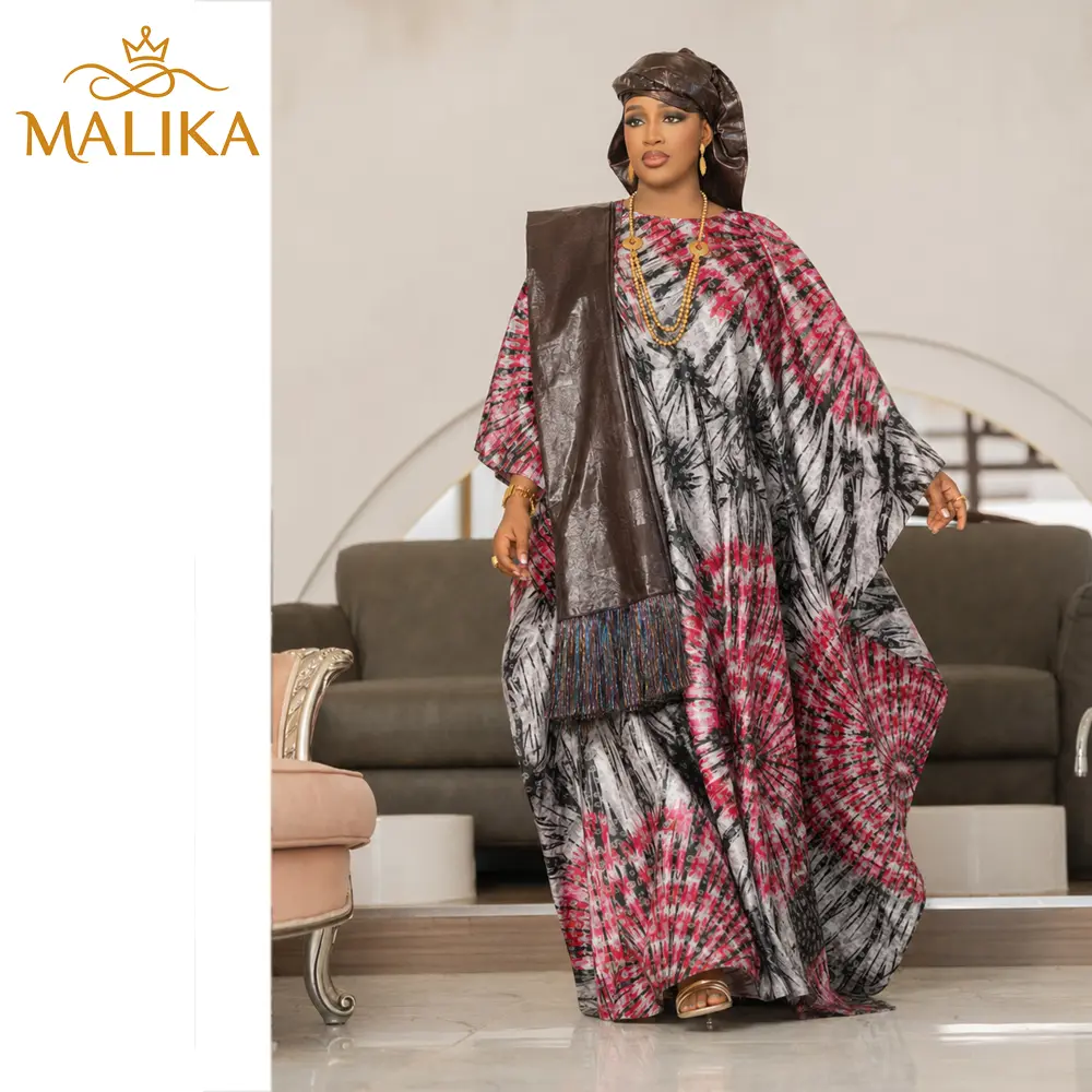 Women's African Boubou Dress in Perfumed Bazin Riche with Cowl Neck, Batwing Sleeves & Tassel Shawl for Weddings, Traditional