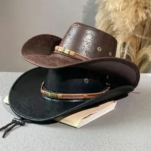 Vintage Leather Cowboy Hat for Men and Women, Vintage Western Style Hat with Ethnic Band and Skull Accent, Durable Outdoor Sunhat, Neutral Fedora Hat