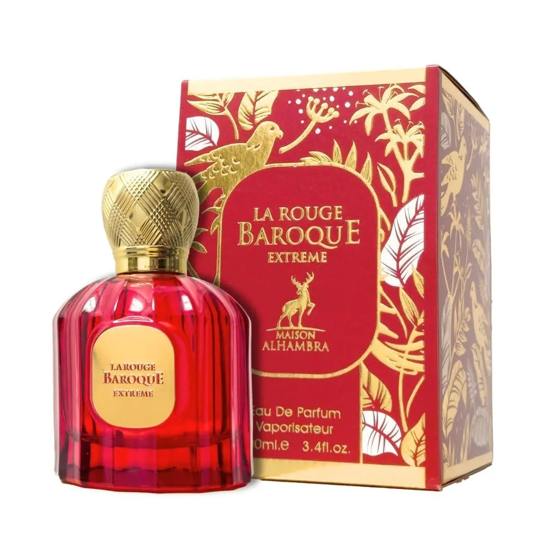 Maison Alhambra Baroque Rouge Extreme Eau De Parfum Unisex — Saffron, Bitter Almonds, Cypress, 3.4 oz (100 ml) | jasmine, saffron perfume, amber, bitter almonds perfume, musk, saffron bitter almonds, bitter almonds cypress, cypress jasmine, amber perfume