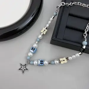 Black And White Pentagram Skull Beaded Stitching Necklace