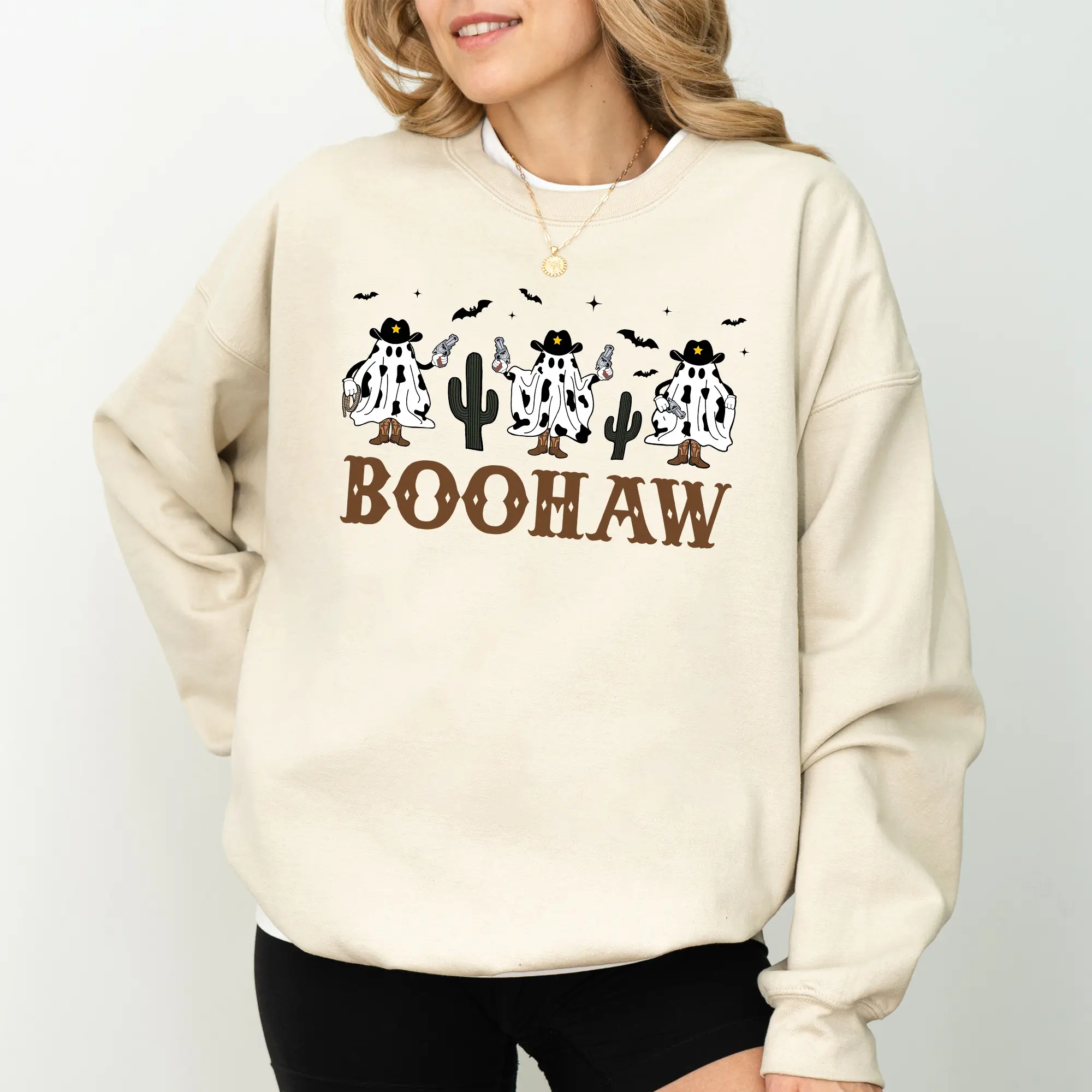 Halloween Boohaw Sweatshirt for Cowgirl, Funny Western Cowboy Ghost Crewneck, Cute Halloween Ghost Sweater, Country Cowgirl Sweatshirt for Women, Spooky Season, Comfy Long Sleeve Pullover, Cute Women's Tops, Casual Womenswear, Comfort Fabric Cotton Top