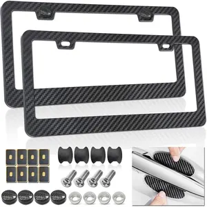 Carbon Fiber License Plate Frames Black Plastic Car Tag Holder, 2 Pack 2 Hole Front Rear Bracket with Screw Caps and Car Door Handle Stickers