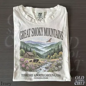 [Sale Up To 50%] Great Smoky Mountains National Park Vintage 90s Graphic Shirt, Retro Comfort Colors®Mountain Cabin Bear USA Nostalgia Unisex Tee